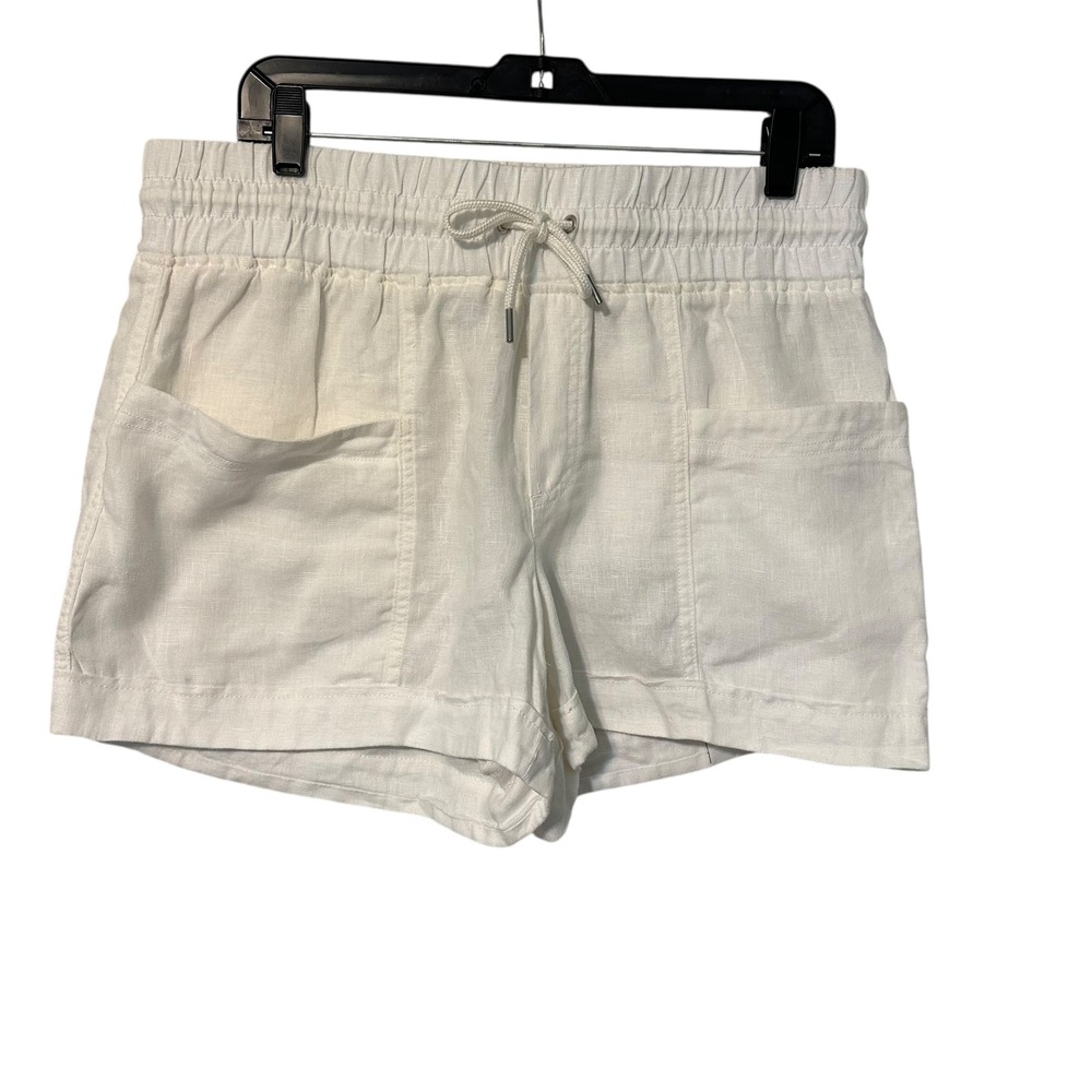 Athleta Cabo Linen‎ Blend Shorts White Drawstring Elastic Waist Pockets Size 12